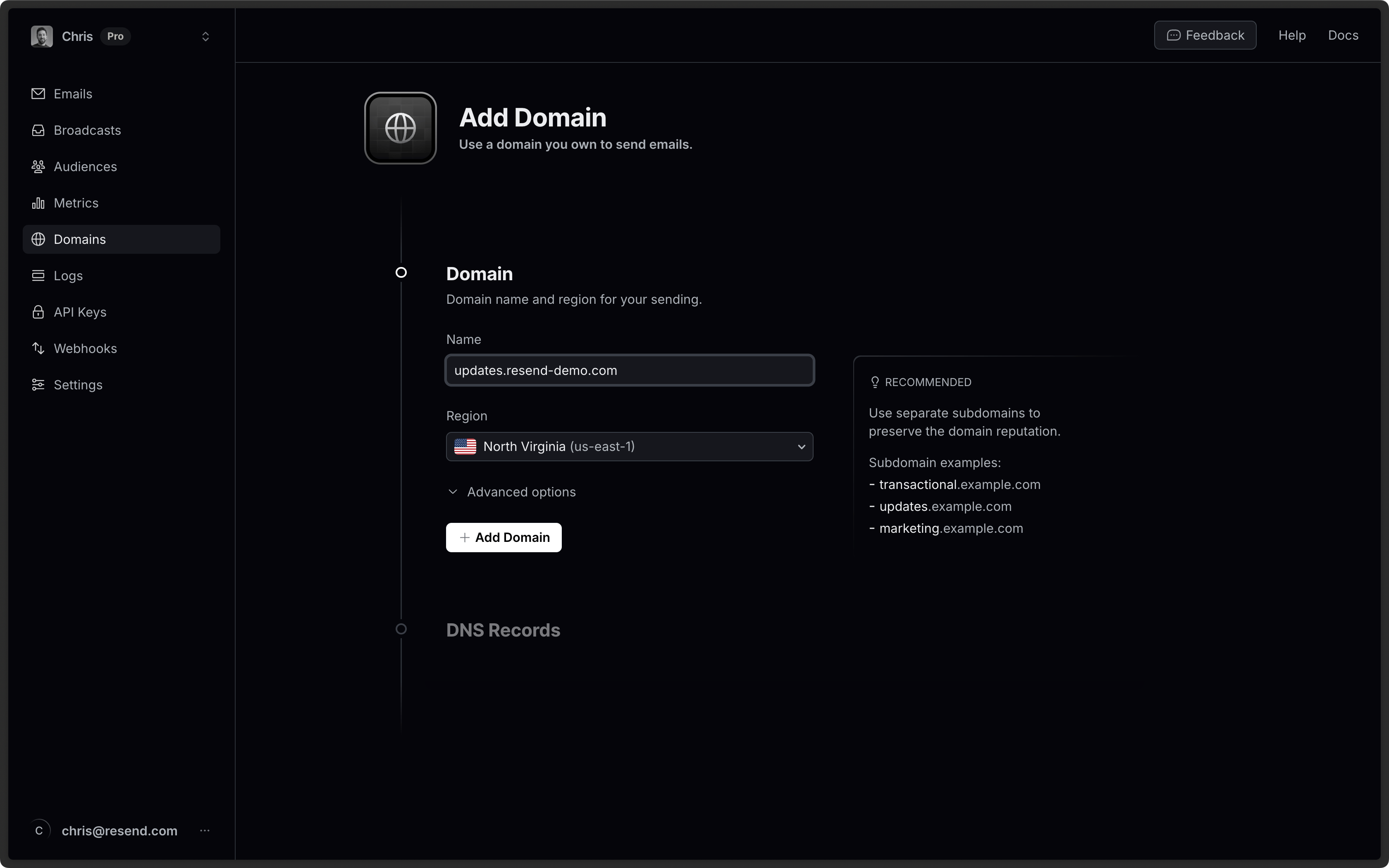 Resend console with Domains selected in the left-hand menu and the Add Domain form showing the Name field and the sending region selector.