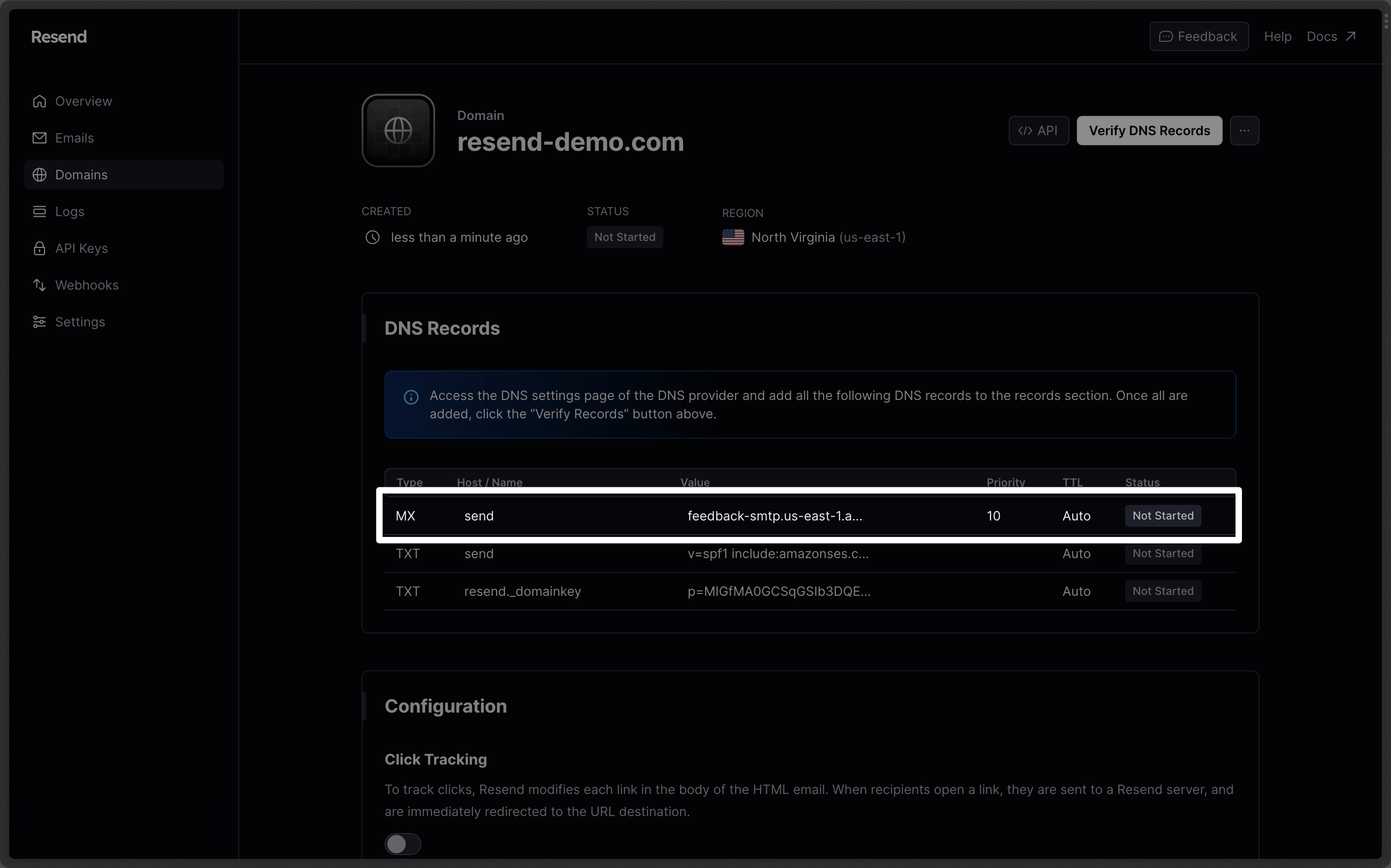 Resend domain page listing the DNS records to publish: the MX record, the SPF TXT record and the DKIM TXT record: each with its host, value, priority and status.