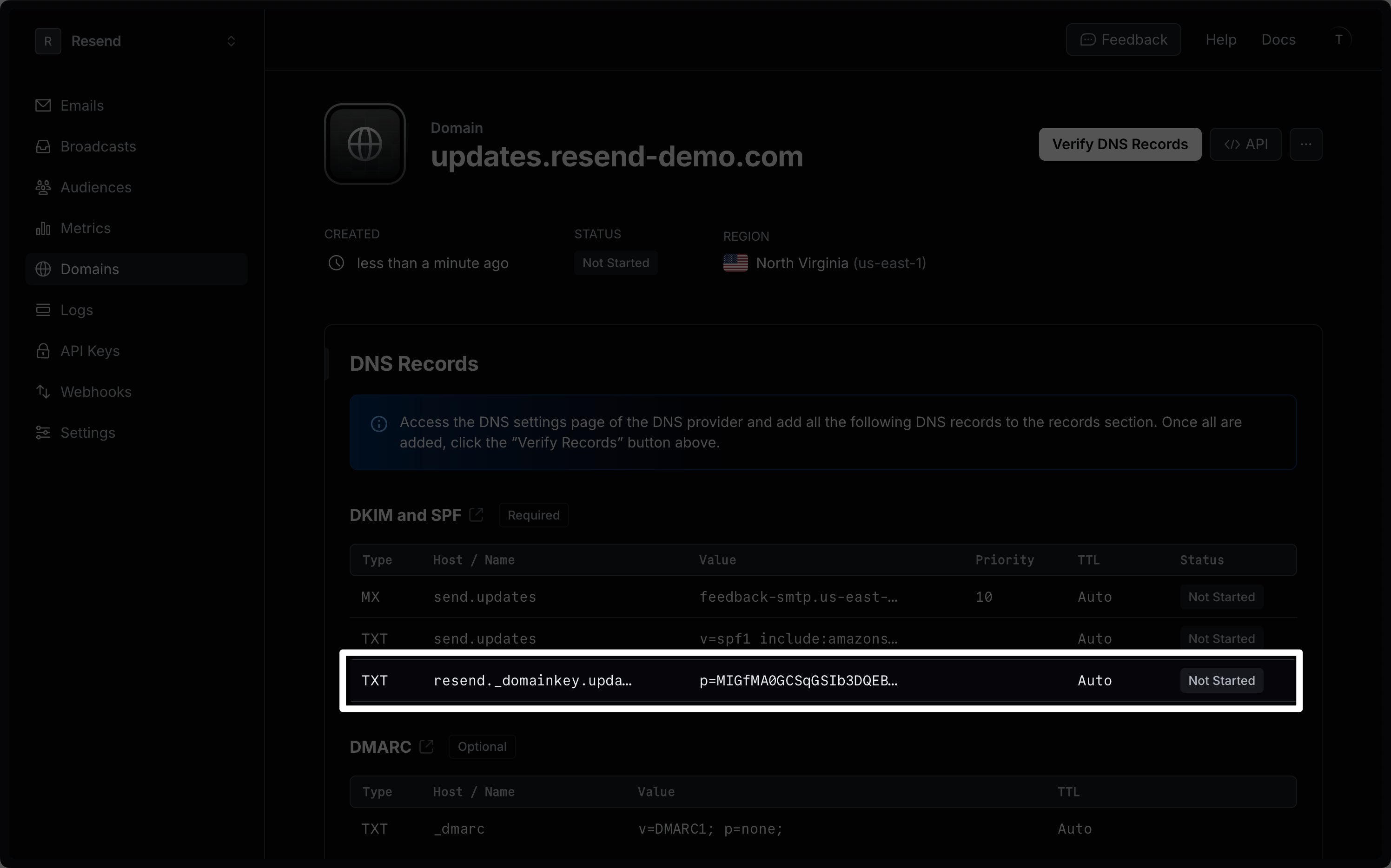Resend domain page opened straight after creation, showing the domain name, the Not Started status, the selected region and the generated DKIM record.