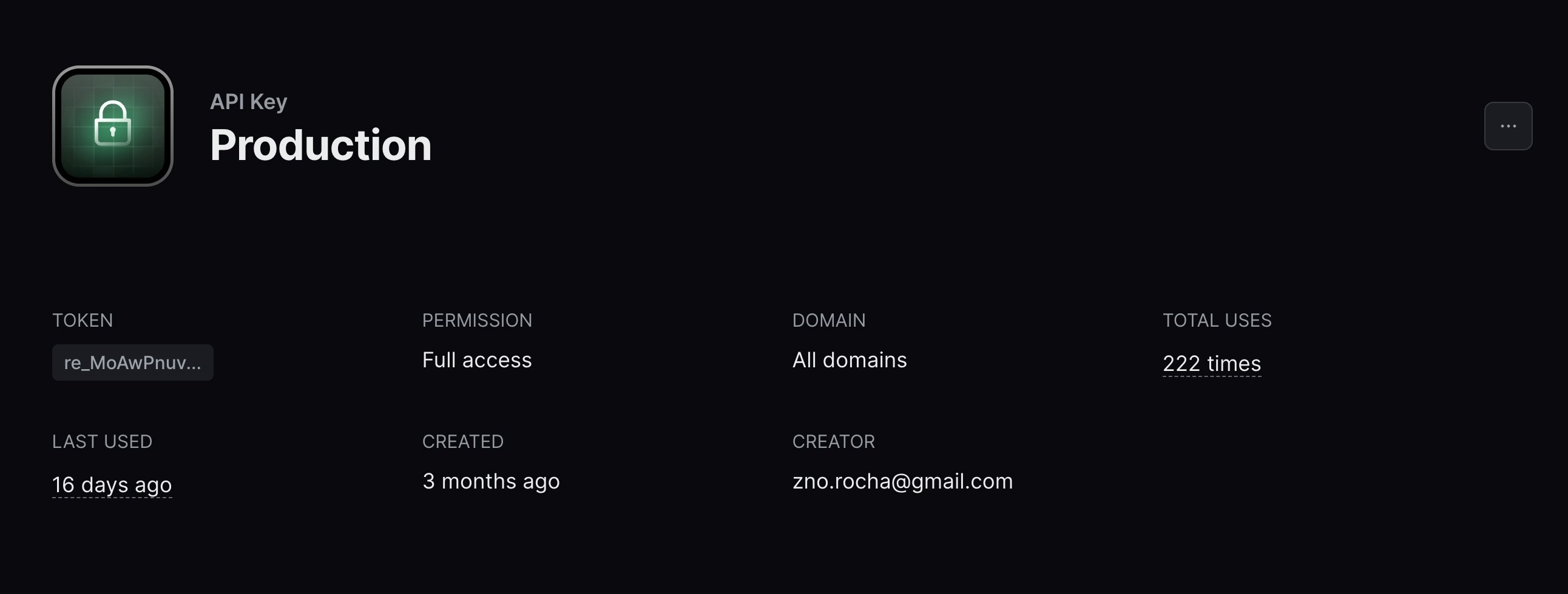 Resend key detail page showing the key name, a truncated token, the permission, the authorised domain and the usage counters.