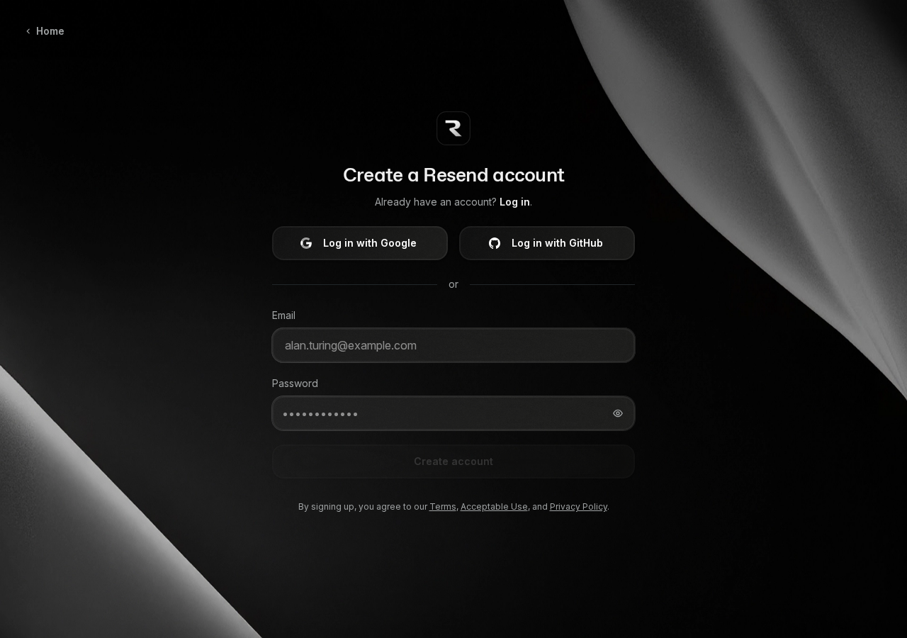 Resend sign-up page titled Create a Resend account, with Google and GitHub buttons and the email and password fields.
