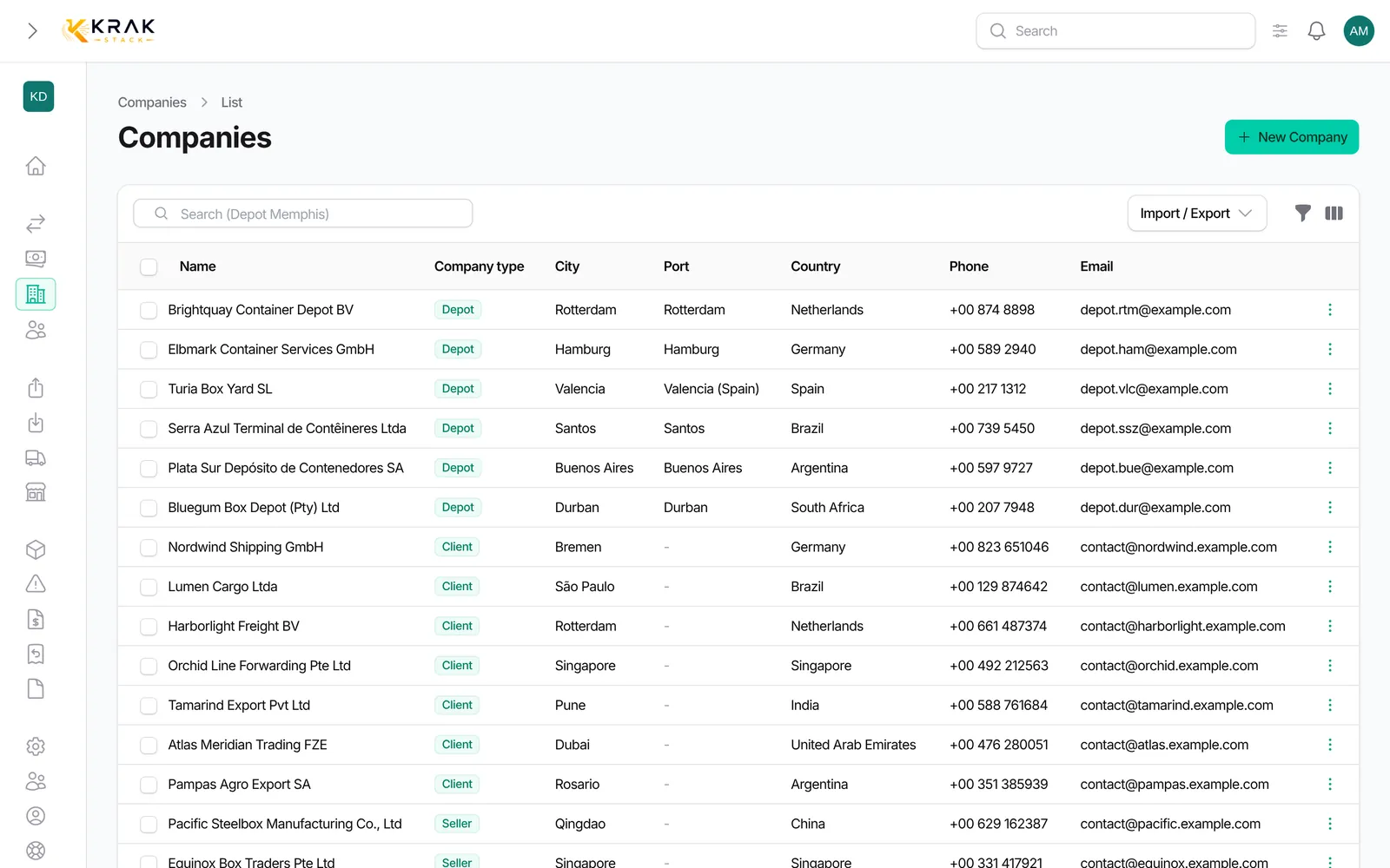 Import companies from a CSV file: Krak Stack screen (demo data)