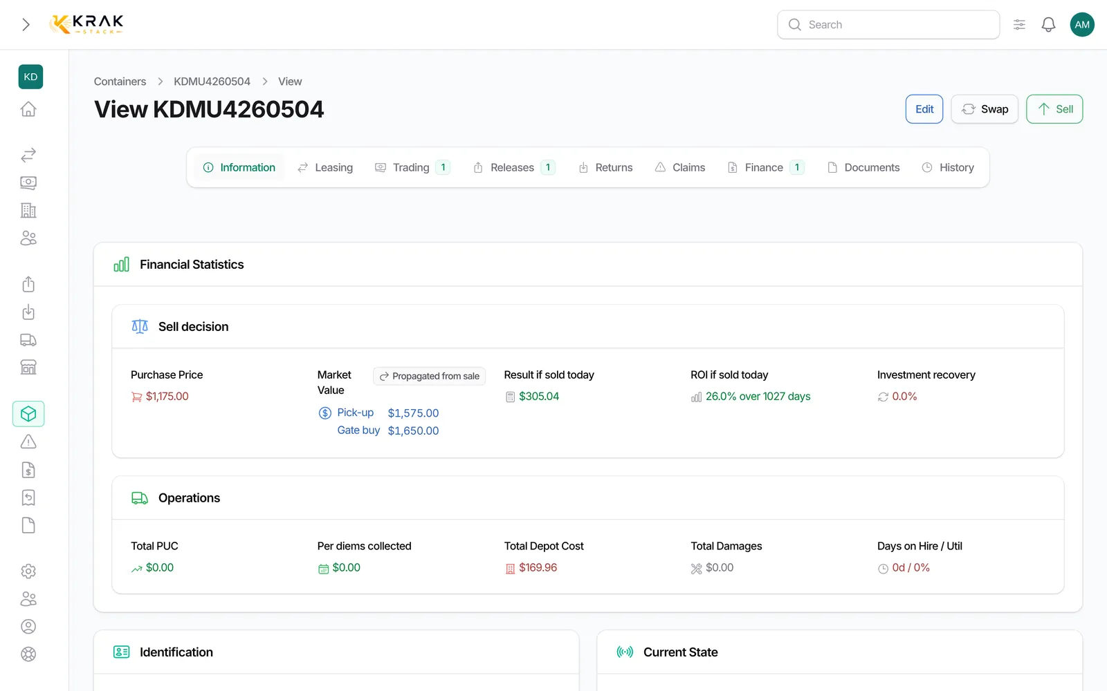 View a container's history and deals: Krak Stack screen (demo data)
