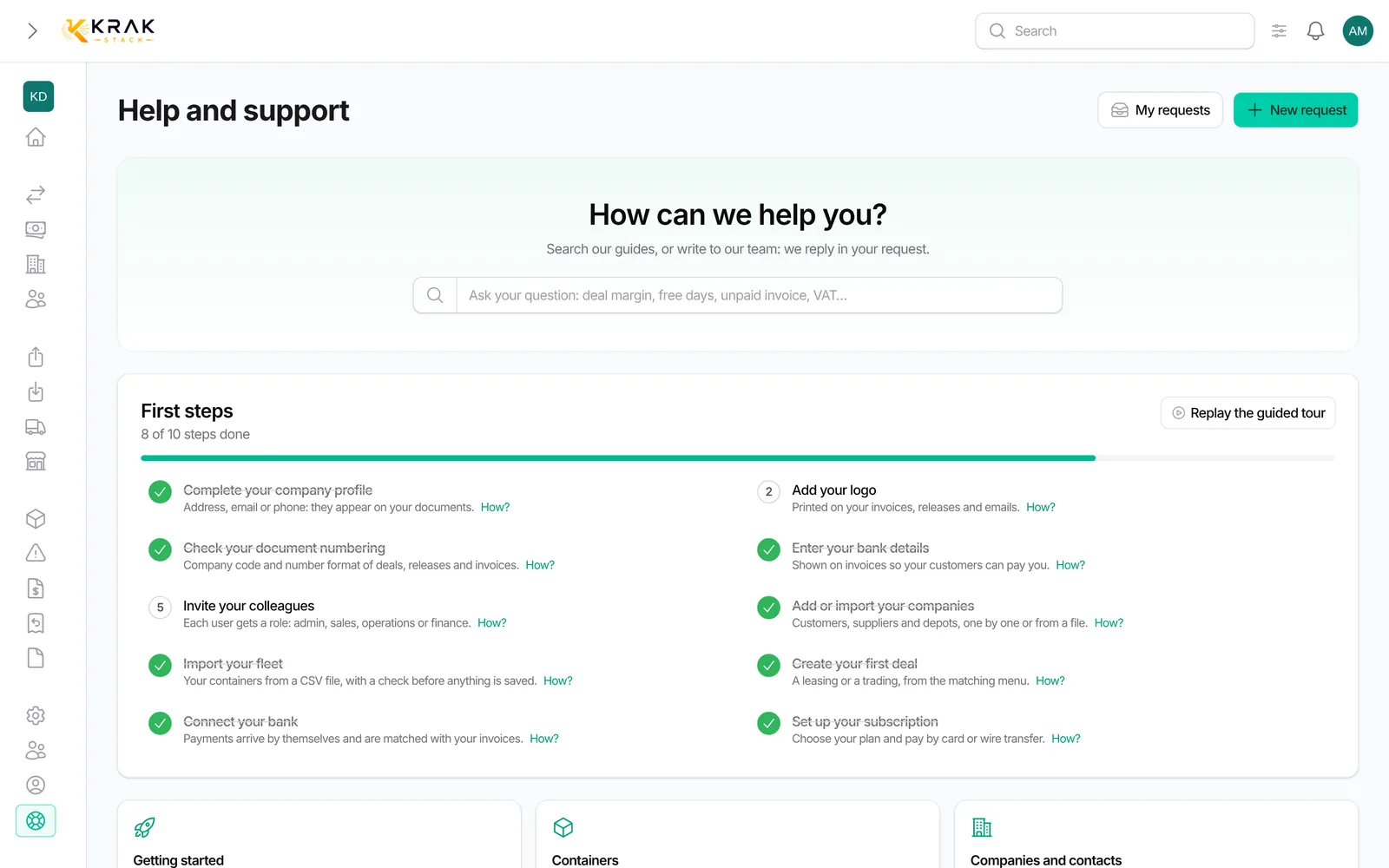 Set up your account: first steps: Krak Stack screen (demo data)