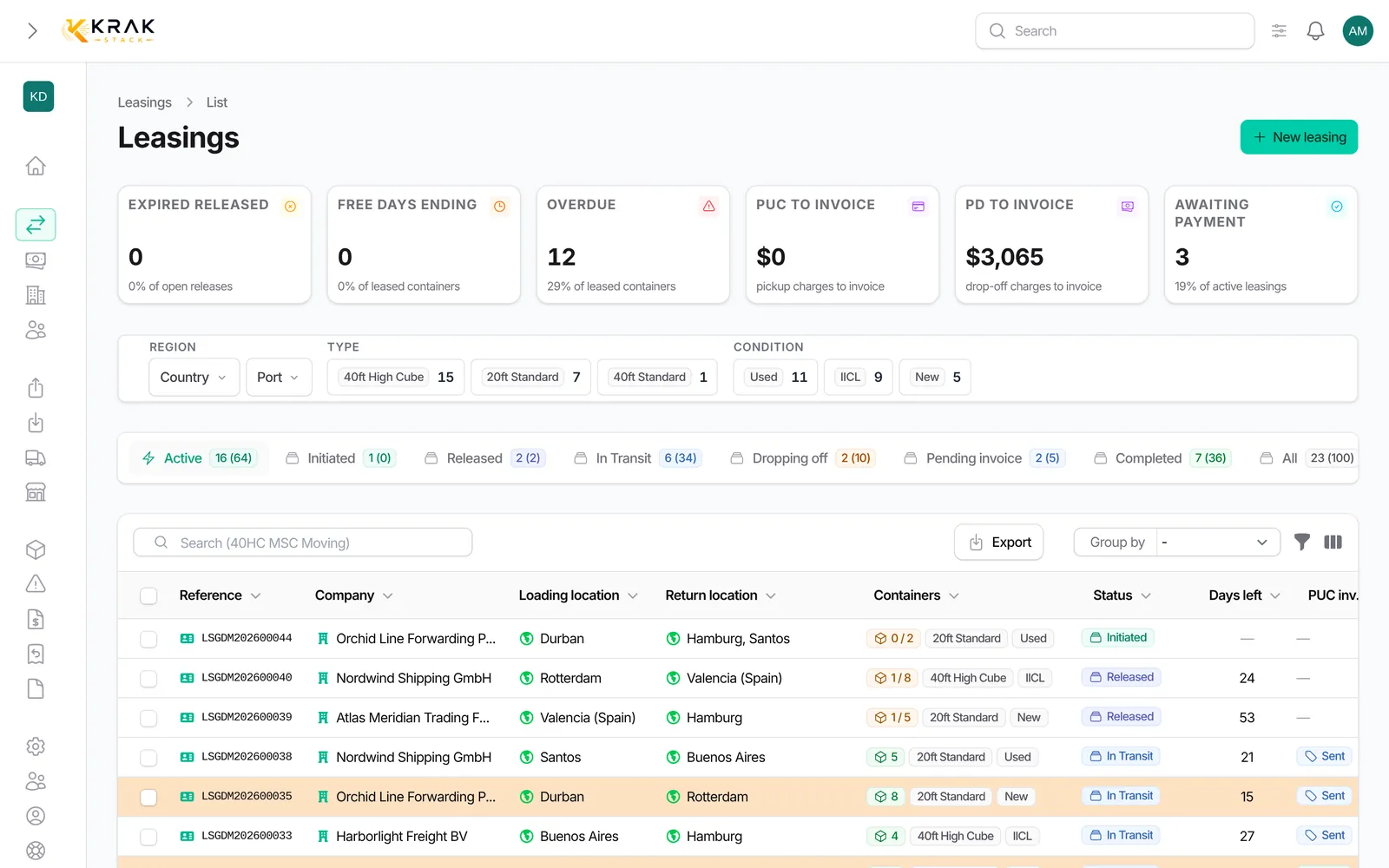 Leasing invoices: Krak Stack screen (demo data)