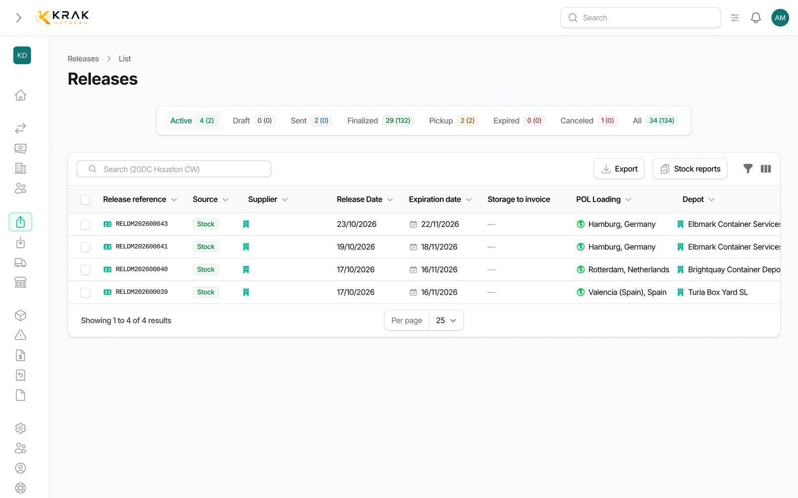 Release from stock or from a supplier: Krak Stack screen (demo data)