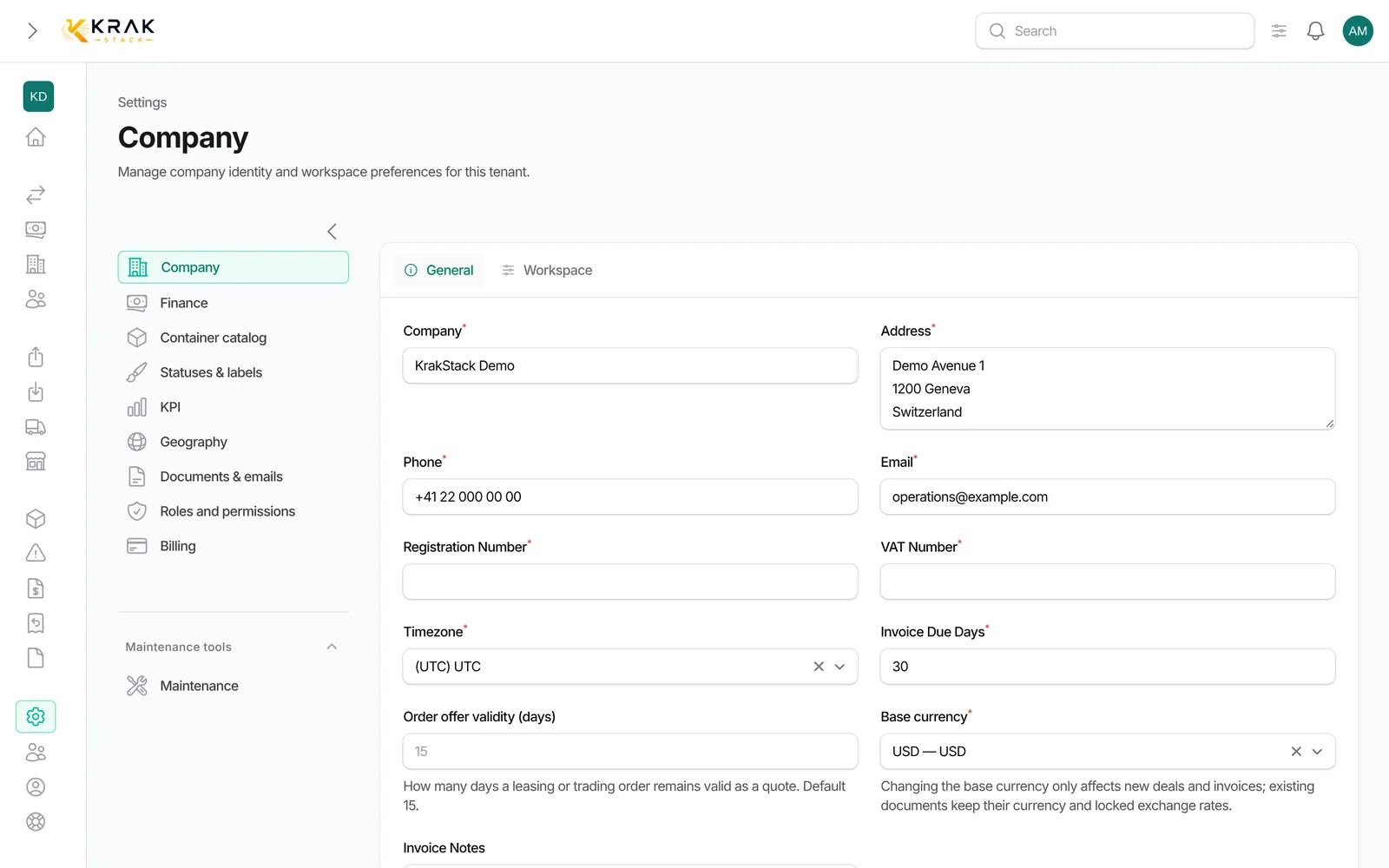 Your company profile: Krak Stack screen (demo data)