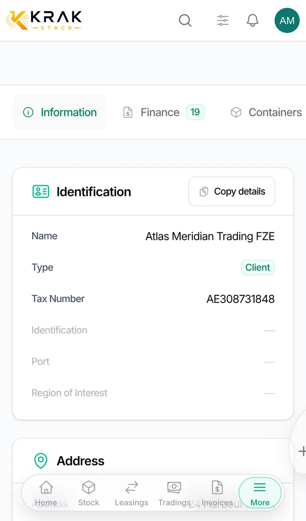 Import companies from a CSV file: Krak Stack screen (demo data) (phone)