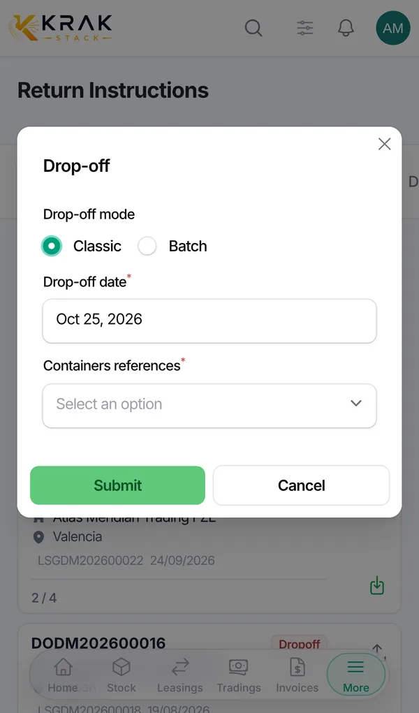 Drop-off form on a phone with drop-off date and container references