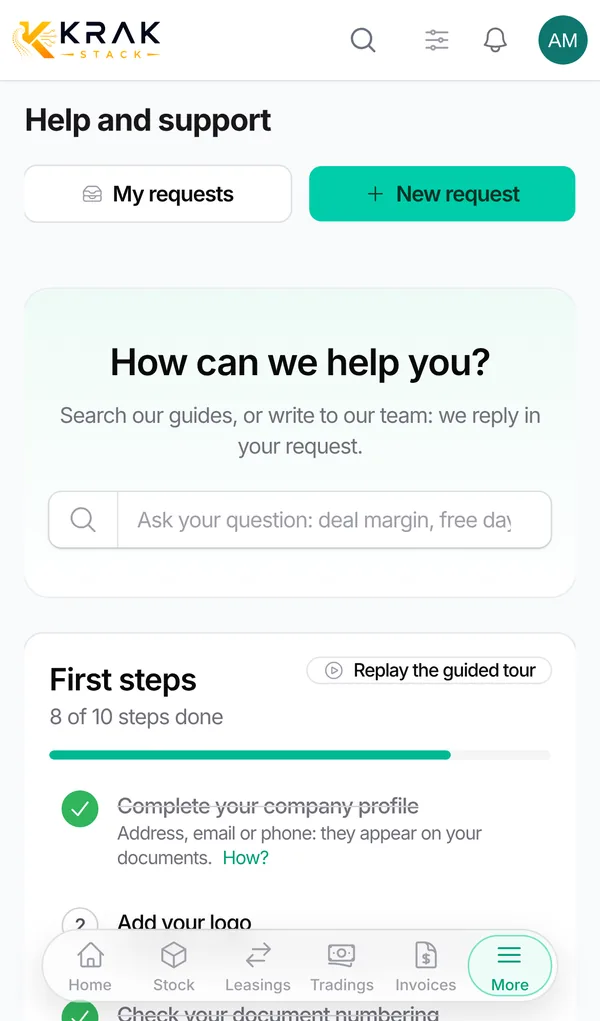 Help and support screen on a phone with search, first steps and new request button
