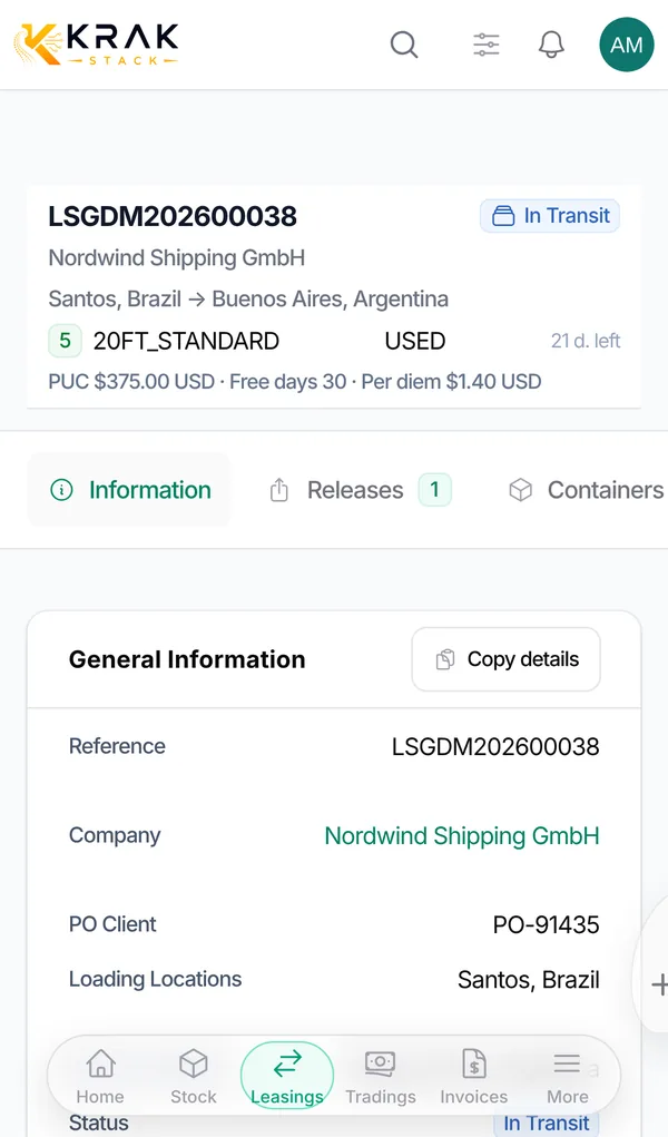 Leasing contract on a phone with customer, route, free days and per diem