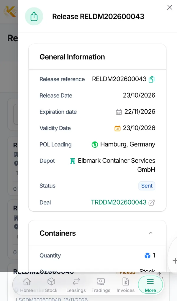 Release details on a phone with reference, dates, depot, status and linked deal