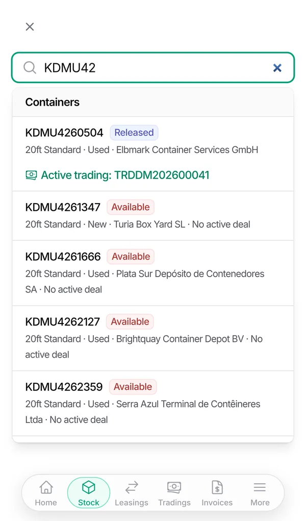 Search for KDMU42 on a phone showing matching containers with status and depot