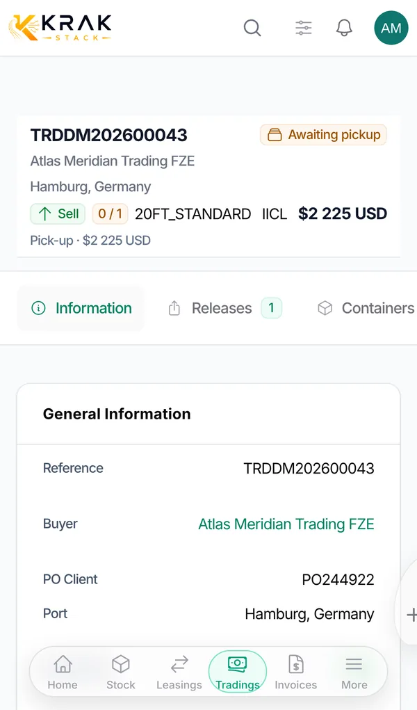 Trading deal on a phone with buyer, port, sell price and status